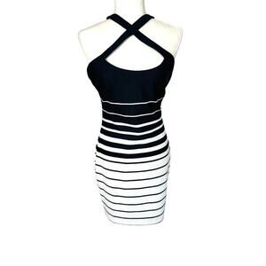 Guess Los Angeles USA Halter Striped Mini Dress Size 6 Open Back Black White